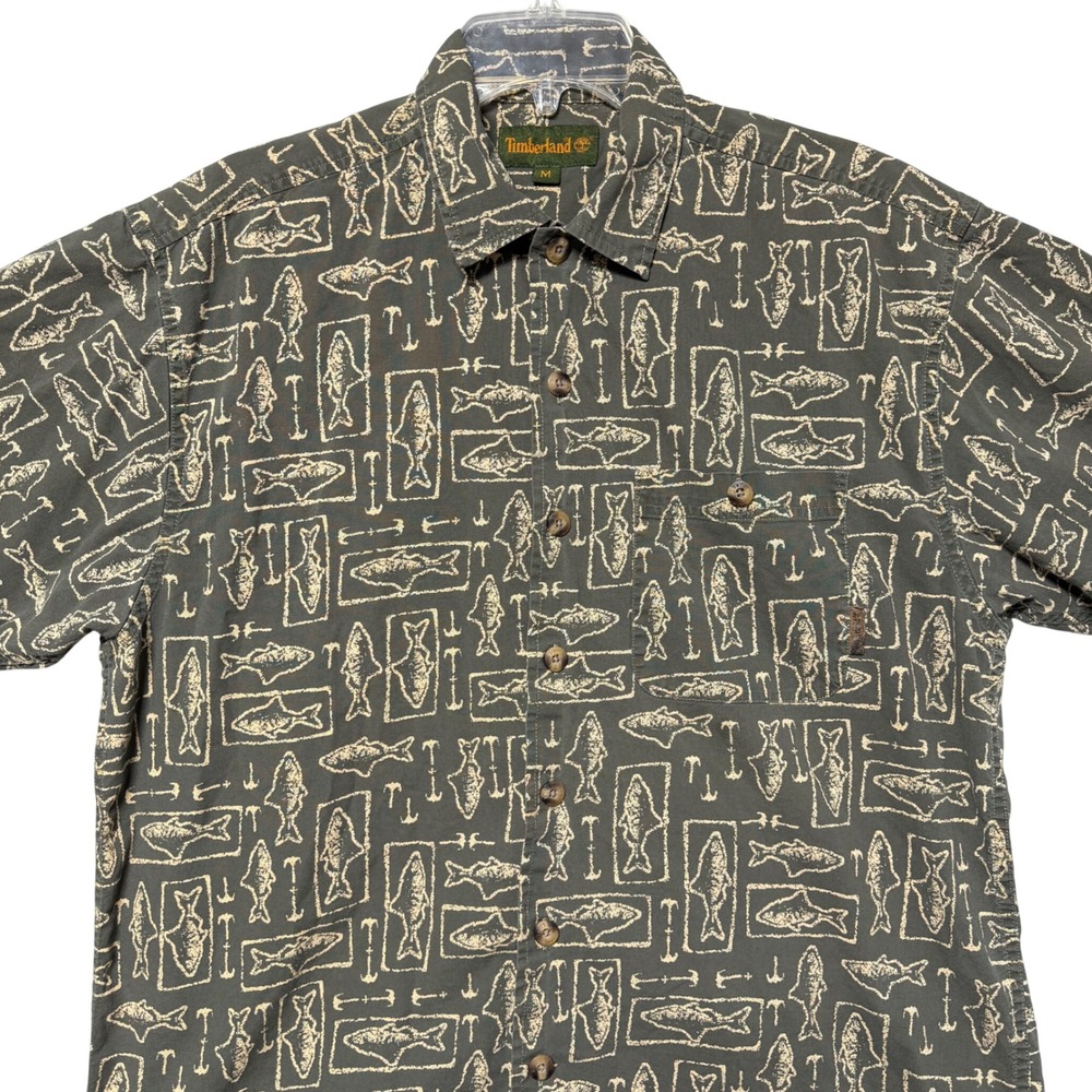 Timberland Mens Medium Short Sleeve Fish Anchor Print Button Down Shirt Olive